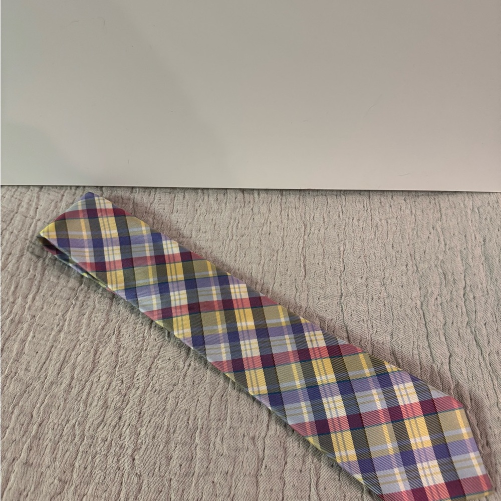 Tommy Hilfiger Plaid Silk Tie in Pink, Blue, Yellow - Preppy, Spring Menswear